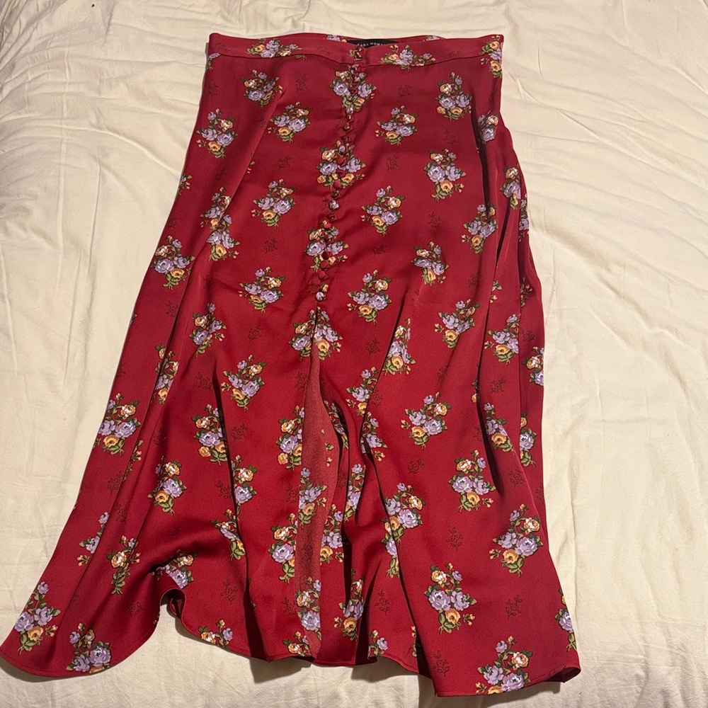 Zara Red Floral A-Line Midi Skirt